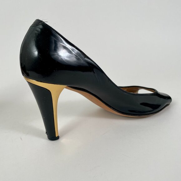 Jimmy Choo Black Patent Leather Peeptoe Pumps With Gold Detail, Size 37 (7) - Picture 9 of 11